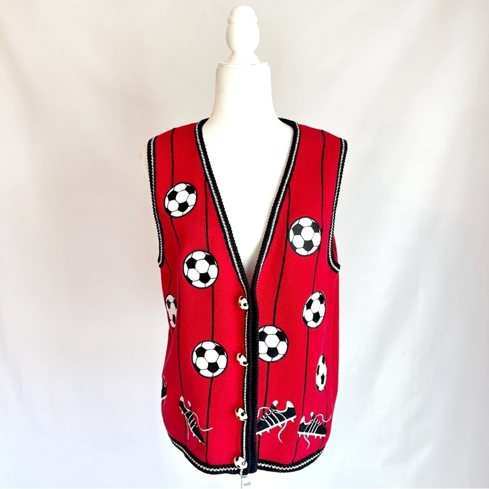 Vintage Mandal Bay Soccer Mom Novelty Button Red V-Neck Knit Sweater Vest Large